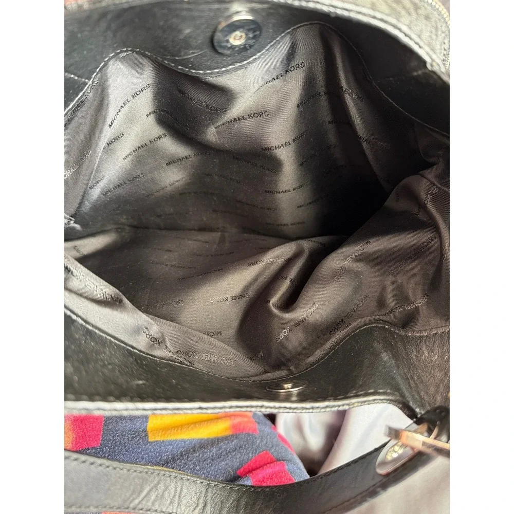 Michael Kors Fulton Hobo Bag Black Signature Logo Canvas Silver Chain Large